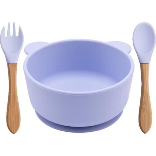 1Set Silicone Baby Feeding Bowl Set Baby Learning Panda Dishes Suction Bowl Set Wood Fork Spoon Non-Slip for Babies BPA Free