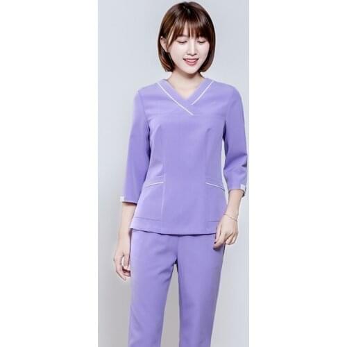 Women Scrub Set Spa Beauty Salon Uniform Short Sleeve Scrub Top V Neck Vet Dentist Workwear Clothes Big Pockets Costume DD2598