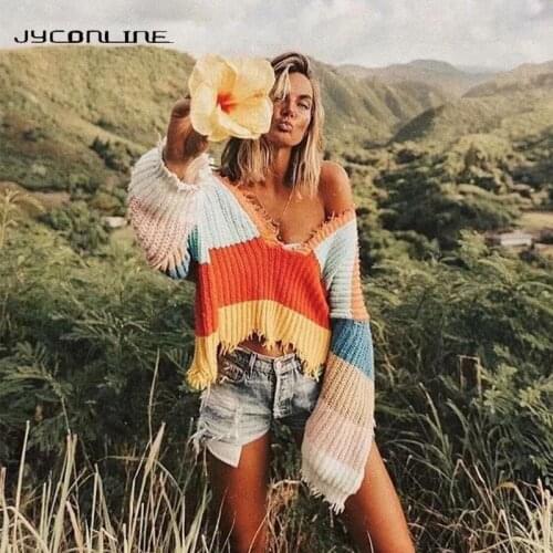 Rainbow Stripe Sweater For Women Fringe Deep V Neck Sexy Fashion Jumper Crop Pullover Female Autumn Winter Knit Clothes