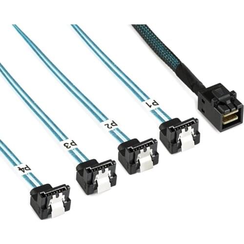 1m 3FT Internal Mini SAS SFF-8643 Host to Right 90 Angled 4 SATA Target Hard Disk 6Gbps 12Gbps Data Server Raid Cable