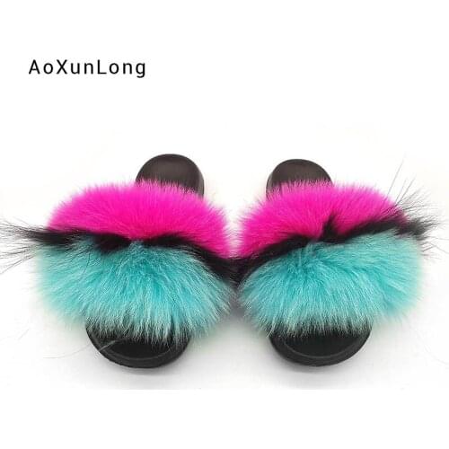 2020 Womens Winter Warm Fur Slippers Female Cute Fluffy House Fur Shoes Plush Fox Hair Fur Slides Ladies Casual Fur Flip Flops