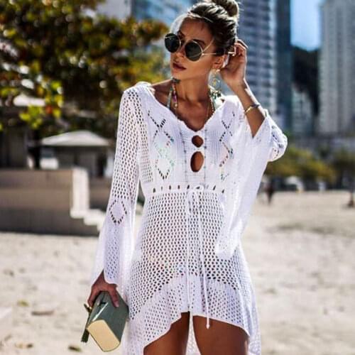 2021 Summer Women Beachwear Sexy White Crochet Tunic Beach Wrap Dress Woman Swimwear Swimsuit Cover-ups Bikini Cover Up #Q719
