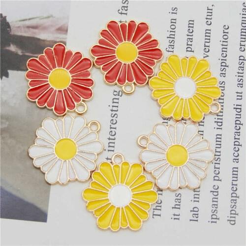 Julie Wang 6PCS Enamel Flowers Charms Red White Yellow Daisy Sunflower Alloy Gold Tone Pendant Bracelet Jewelry Making Accessory