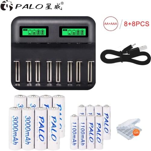 PALO USB smart fast charger with LCD display for AA AAA C D size battery + 8 - 16pcs AA / AAA rechargeable batteries