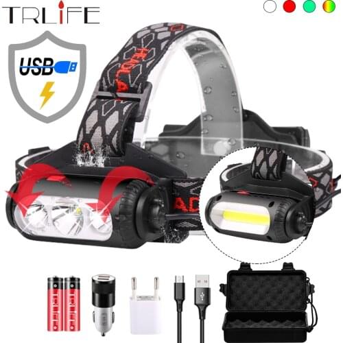 COB Fishing LED Headlight Portable Camping Headlamp USB Charging XPE T6 Lantern 8Mode Waterproof Red Green IndicatorUse 2x 18650