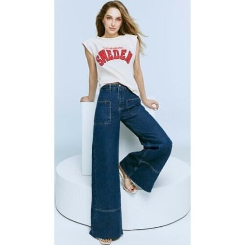 Stitch Detail High Waist Wide Leg Jean 100% Cotton Two Colors Options Vintage 70s Women Casual Style