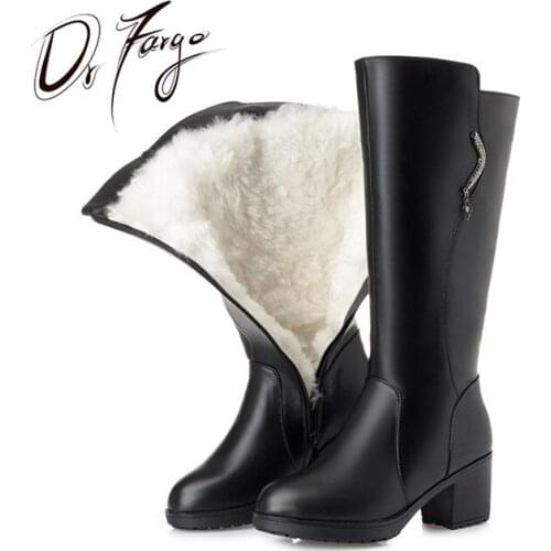 DRFARGO Winter Genuine Leather Wool cotton Long Warm Boots Winter Square Heel Round Toe Zipper Boots size 35 42 43 MCP850 Zapato