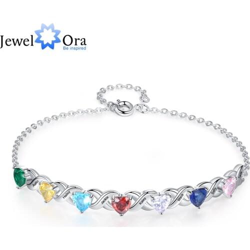 JewelOra Personalized Inlaid 2-7 Heart Birthstone Bracelets for Women Customized Engraved Name Family Bracelet Mothers Day Gift