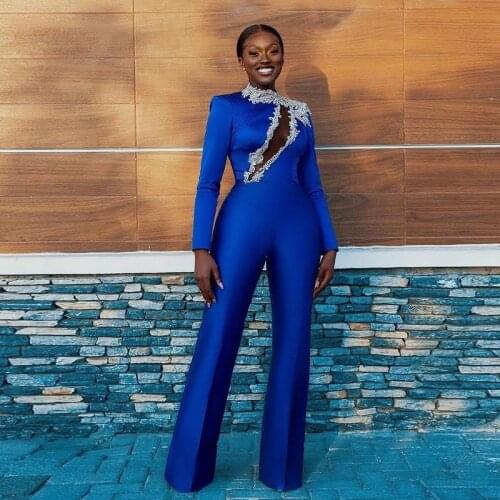 Royal Blue Jumpsuit Prom Dresses High Collar Long Sleeve Satin Outfit Evening Party Gowns Floor Length Trouse Cocktail Dress
