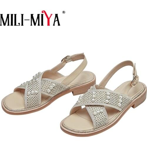 MILI-MIYA Hot Sale Women Pearls Studded Princess Girls Summer Flat Sandals Cross Simple Buckle Strap Open Toe Dress Casual Shoes