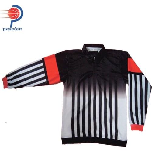 MOQ 5 pcs $30 each Standard Black Orange Hockey Referee Jersey Shirts With Ribbing Cuffs