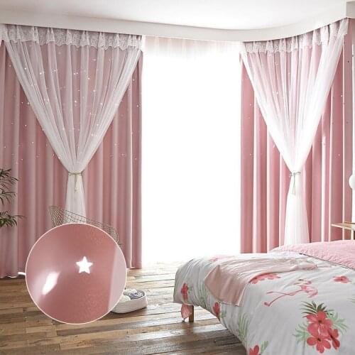 Fashion korean style pink hollow star kids curtains double layer black out window curtains for living room decorative