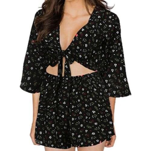 Fashion Small Shredded Print Fork Horn Sleeve V-neck Tie Jumpsuit Black Playsuits