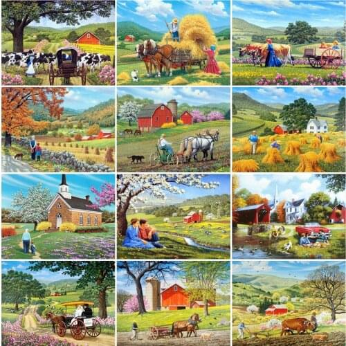 AZQSD Diamond Painting House Cross Stitch Kits Picture Of Rhinestones Full Square Diamond Embroidery Landscape Mosaic Home Decor