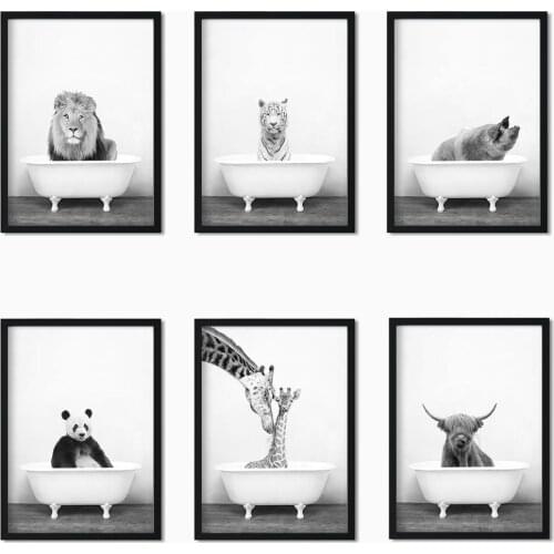 Bathroom Toilet Bathtub Decor Painting Nordic Animal Bathtub Wall Poster Canvas Print Painting Picture Modern Home Room Decor