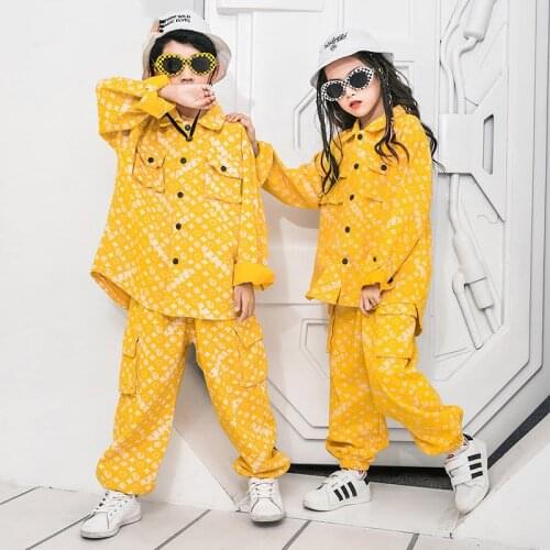 New Hip Hop Dance Costumes For Kids Yellow Long Sleeved Cargo Pants Hiphop Outfits Jazz Modern Dance Festival Clothing DQS7760