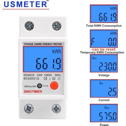 New Single Phase Two Wires 230V 5(80)A DIN Rail kwh Meter with Backlight Wattemeter with reset Voltmeter Ammeter power meter