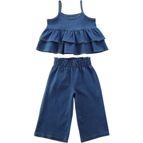 1-6Y Fashion Toddler Baby Girls Kids Summer Clothes Set Denim Ruffle Sleeveless T-shirt Tops+Casual Loose Shorts Outfits Set