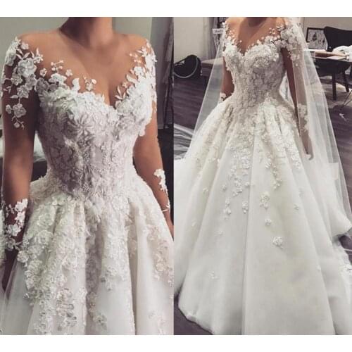 Luxury Wedding Dress Arabic Long Sleevs Ball Gowns Princess 3d Flowers Robe De Mariee Beaded Appliques Wedding Gowns Bride Dress