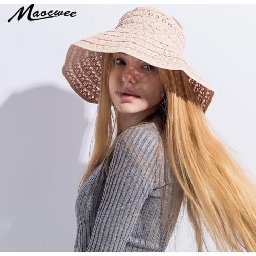Summer Panama Girl Sun Hat UV Protection Empty Top Wide Brim Women Cap Lace Hollow Breathable Sun Hat Folded Floppy Cap Bone New