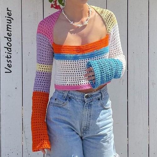 Long Sleeve y2k Sweater Women Autumn Square Collar Pullover Knitted Hollow Out Short Tops Female Blouse 90s Casual T Shirts