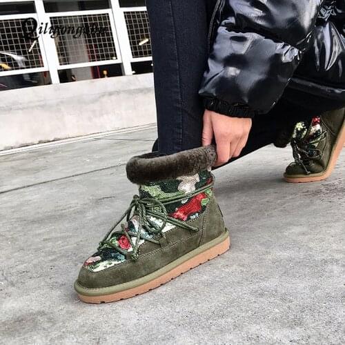 Women Winter Warm Snow Boots Lady Wool Blend Shoes Shiny Sequin Boots Fashion Ankle Boots Plus Size 33-42 botines mujer 2018