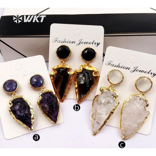 WKT WT-E424 Wholesale Fashion beautiful White Crystal black Key Stone Earrings Purple Crystal Long Drop Earrings for Women