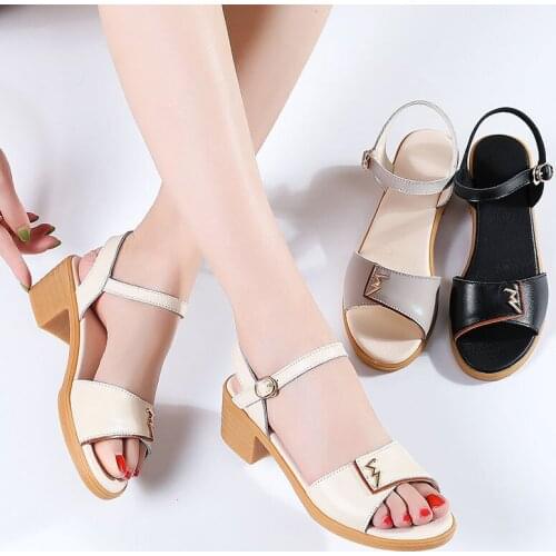 2021Summer New High Heels Casual Womens Sandals Leather Raised Metal Buckle Zapatos De Mujer Sandalias Ladies Beach