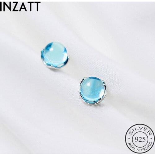 INZATT Real 925 Sterling silver Blue Transparent stone Round Stud Earrings For Fashion Women Engagement Party Fine Jewelry Gift
