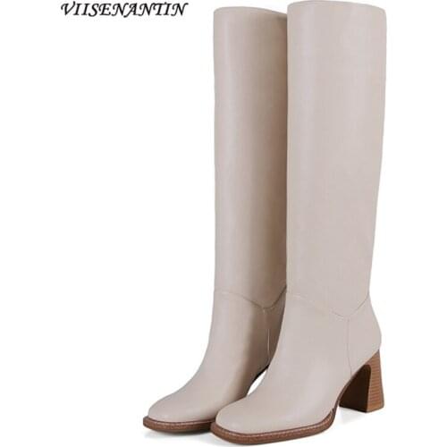 Autumn Product Solid Color Round Wood Grain Thick High-heeled Side Zipper Stacking Feeling Womens High-tube Knee-length Boots