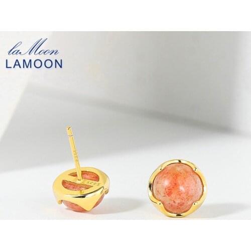LAMOON S925 Silver Stud Earring For Women Natural Sunstone 14K Gold Plated Fine Jewelry Handmade Earrings With Stone LMEI148
