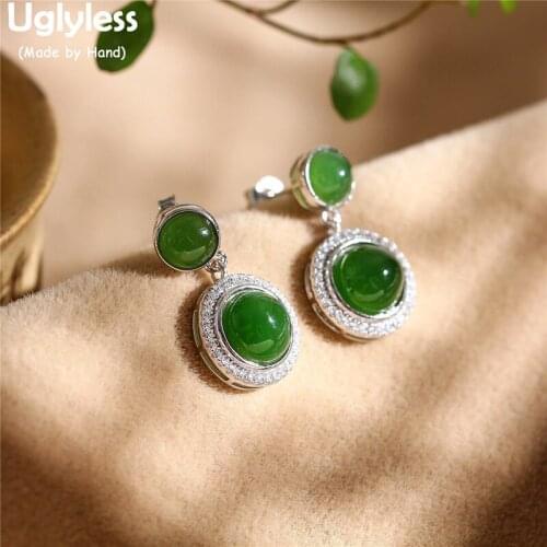 Uglyless Natural Jasper Green Jade Evening Dress Earrings for Women Gemstones Earrings 925 Silver Brincos Zircons Jewelry E1520