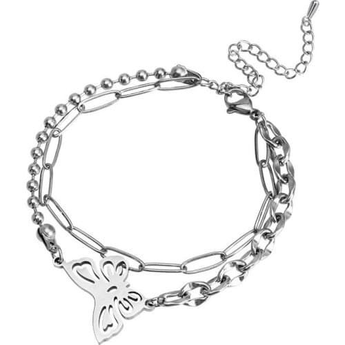 POTCET Korean Fashion Womens Double-layer Hollow Butterfly Bracelet Hip Hop Niche Personality Jewelry Free Shipping