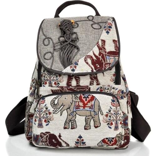 Bohemian Style Women Cotton Backpack Elephant Embroidered Backpack Canvas Shoulder Bag Travel Rucksack Schoolbag Woman Mochila