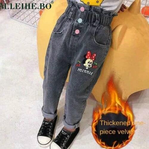 2021 Winter Kids Jeans Girls Cartoon Minnie Jeans Girls Fashion Waist Girls Jeans Trousers Velvet Warm Casual Girls Clothes