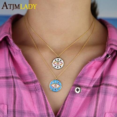 Gold filled enamel white blue color rainbow cz paved Cool Evil eye charm Bohemia classic women fashion pendant necklace
