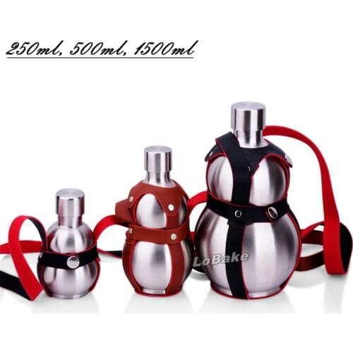 3 units/set) 250ml, 500ml, 1500ml stainless steel gourd shape wine bottle with leather belt portable flask liquor whisky flagon