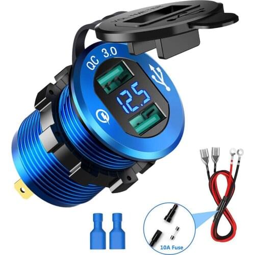 QC3.0 Dual USB Car Charger Socket Waterproof 12V/24V Fast Charger Socket With LED Display Power Outlet For Boat Truck Motorcycle