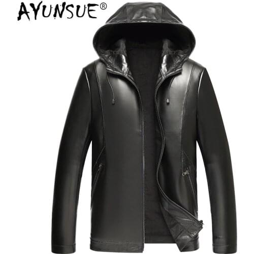 AYUNSUE Real Sheepskin Coat Genuine Leather Jacket Hooded Spring Autumn Short Motorcycle Jacket Leather Coat Y-1-A18-23 KJ1561