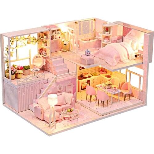 Kids Toy DIY Wood Block Assembled Toy Loft Villa Action Model Building Kit Toy Creative Birthday Girl Gift Doll House Decoration