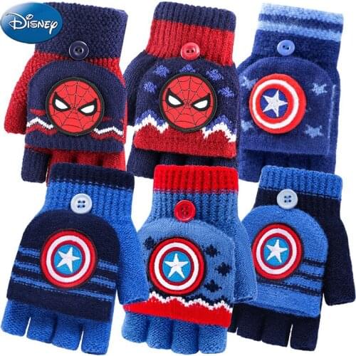 Disney Marvel Childrens Gloves In Winter Keep Warm Five Finger Flip Half Finger Gloves Velvet Printing Boy Thickened Gloves