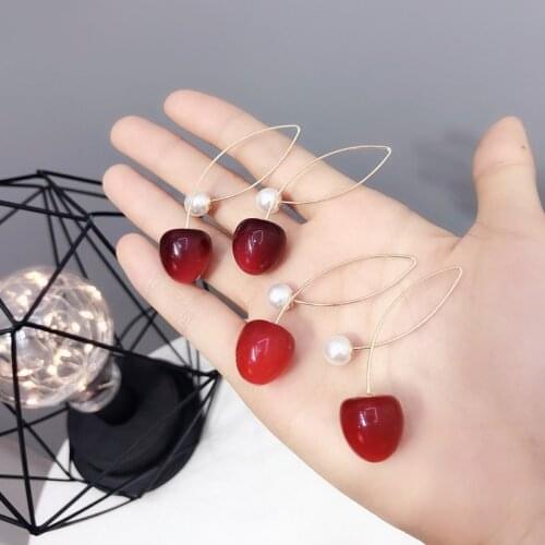 Fashion Red Cherry Gold Long Drop Earring Sweet Fruit Long Crystal Earrings for Women Lady Gift Jewelry Tassel Dangle Accessorie