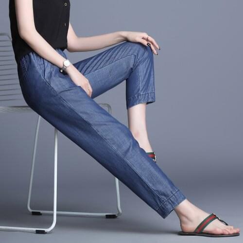 High-waist Tencel jeans loose large size was thin new ice silk elastic waist thin section casual pants plus size