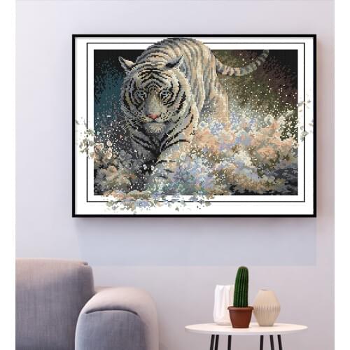 HUACAN Embroidery Cross Stitch Tiger Animal Needlework Sets For Full Kits White Canvas DIY Home Decor 14CT