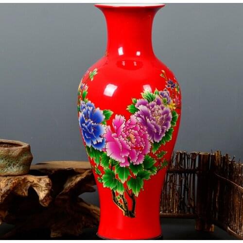 Jingdezhen Ceramics High-Grade Crystal Glaze Red Yellow Blue Peony Vase Modern Fashion Home Collection Decoration Ornaments