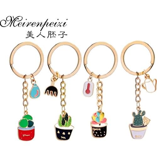 Colorful Cute Potted Succulents Plant Cactus Enamel Key Ring Keychains for Women Bag DIY Charm Key Holder Jewelry Keyrings