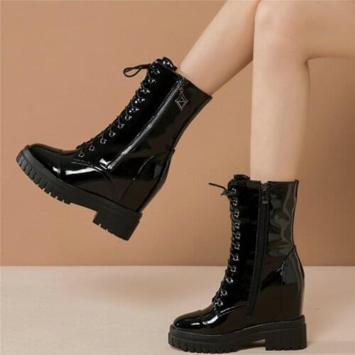 Fashion Sneakers Women Lace Up Genuine Leather High Heel Platform Pumps Shoes Female High Top Round Toe Creepers Casual Shoes