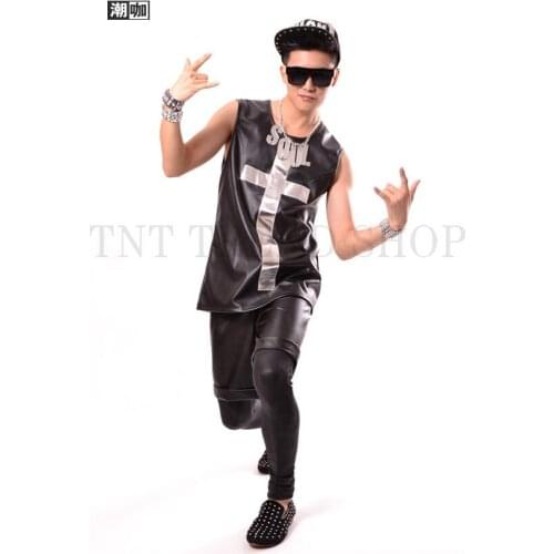 Men vest PU mirror decoration black clothing hombre personalized singer dance stage street star style dress