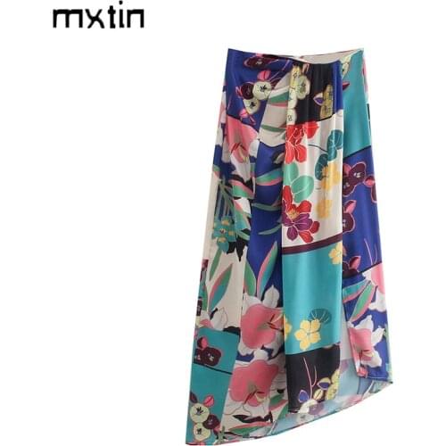 MXTIN 2021 Women Summer Fashion Floral Print Irregular Midi Skirt Vintage Pleated High Waist Zipper Casual Faldas Vestidos Mujer