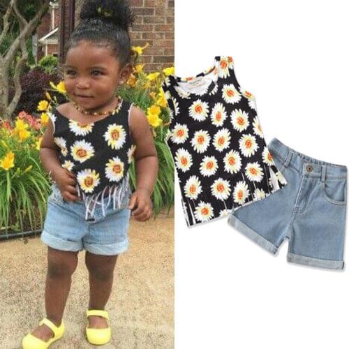 2018 new fashion kid outfit sets Toddler Kids Baby Girl Sunflower Tassel Tank Tops + Denim Shorts casual babies Clothes Sets
